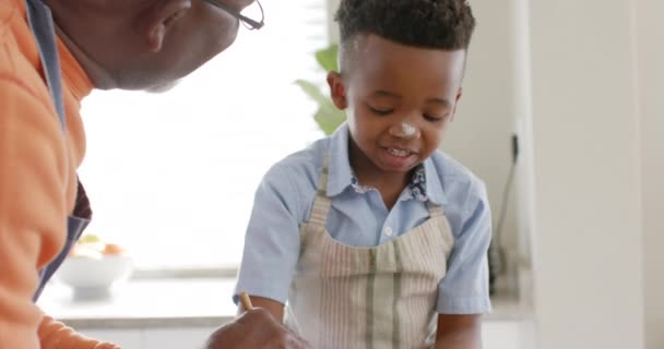 快乐的非洲裔美国人祖父和孙子说话 在厨房烘焙 慢动作 生活方式 聚会和家庭生活 — 图库视频影像