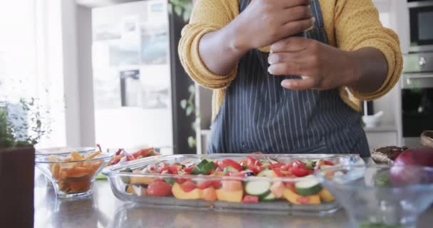 Средняя Часть Африканской Американки Фартуке Приправляет Овощи Кухне Замедленной Съемке — стоковое видео