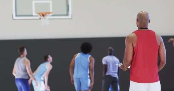 Divers Entraîneurs Basket Ball Masculin Regardent Match Entraînement Équipe Intérieur — Video