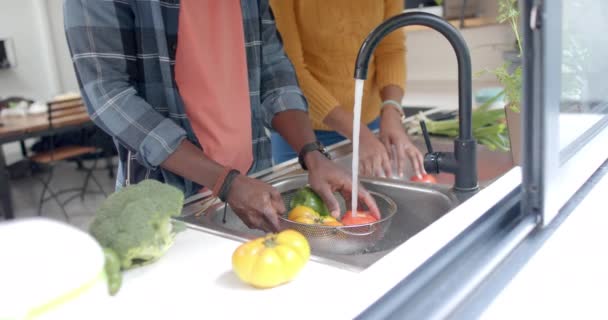 Mitten Afrikanska Amerikanska Par Skölja Grönsaker Köket Slow Motion Matlagning — Stockvideo