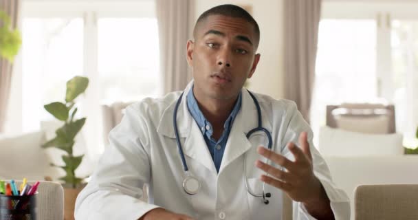 Biracial Male Doctor Making Video Call Bright Room Slow Motion — Stock Video