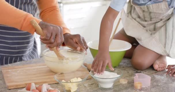 非裔美国人的祖父和孙子在厨房里烘烤 慢动作 生活方式 聚会和家庭生活 — 图库视频影像
