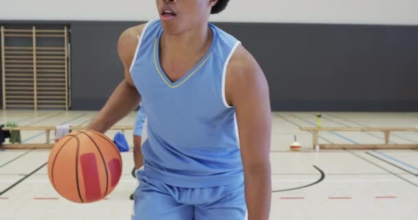 Různorodý Trénink Mužského Basketbalového Týmu Kapající Míčky Vnitřním Hřišti Zpomalený — Stock video