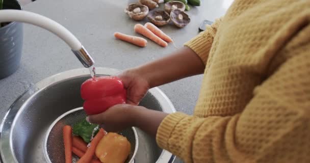 Средняя Часть Африканской Американки Полоскает Овощи Кухонную Раковину Замедленное Движение — стоковое видео