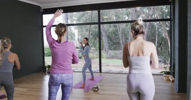 Focalizzato Diverse Donne Che Allungano Insieme Stuoie Classe Yoga Con — Video Stock