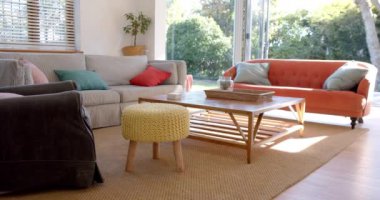 Parlak oturma odası, güneşli bahçe, yavaş çekim. Rahatlama, iç tasarım, yaşam tarzı ve ev hayatı.