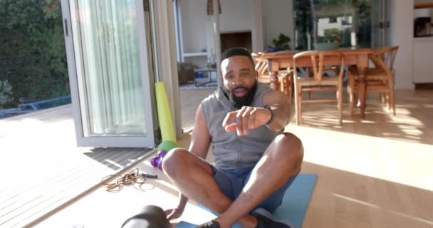 African American Male Fitness Vlogger Advising Filming Home Slow Motion — Stock Video