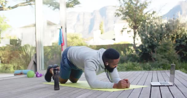 Focused African American Man Fitness Training Exercising Deck Sunny Garden — Stock Video