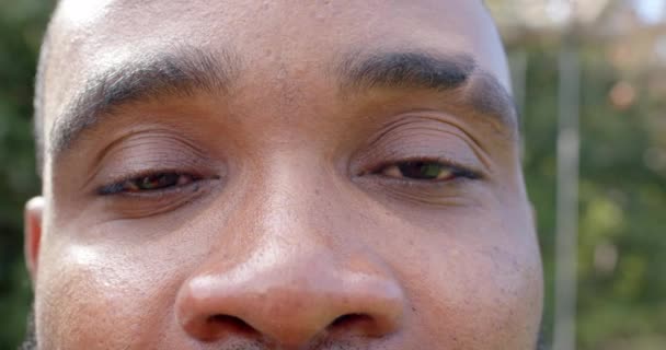 Portret Van Gelukkige Ogen Van Afro Amerikaanse Man Zonnige Tuin — Stockvideo