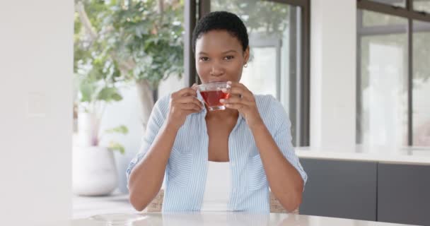 幸せなアフリカ系アメリカ人女性がテーブルに座り お茶を飲み ビデオ通話 スローモーションをしています ライフスタイル コミュニケーション ビデオ通話 国内生活 変更なし — ストック動画