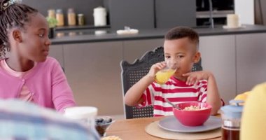 Afrika kökenli Amerikalı erkek ve kız kardeşler mutfakta kahvaltı yapıyorlar, ağır çekimde. Aile, kardeşler, çocukluk, yemek, birliktelik, sağlıklı yaşam, yaşam tarzı ve ev hayatı, değişmemiş..