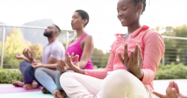 快乐的非洲裔美国父母 儿子和女儿在阳光灿烂的花园里练习瑜伽 动作缓慢 健康的生活方式 福利和健康 — 图库视频影像