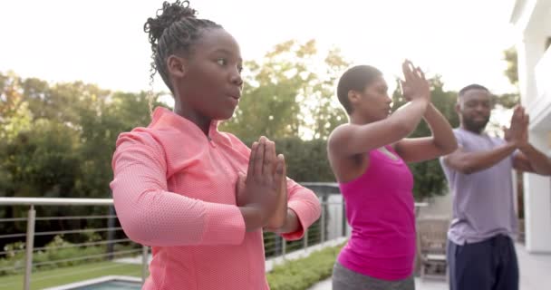 ハッピーアフリカ系アメリカ人の両親と娘は ゆっくりとした運動で晴れた庭でヨガを練習しています 健康的なライフスタイル 健康とフィットネス 変更されていない — ストック動画