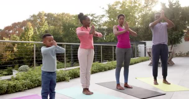 ハッピーアフリカ系アメリカ人の両親 息子と娘は ゆっくりとした動きで 晴れた庭でヨガを練習しています 健康的なライフスタイル 健康とフィットネス 変更されていない — ストック動画