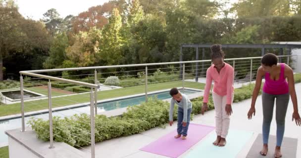 ハッピーアフリカ系アメリカ人の両親 息子と娘は ゆっくりとした動きで 晴れた庭でヨガを練習しています 健康的なライフスタイル 健康とフィットネス 変更されていない — ストック動画