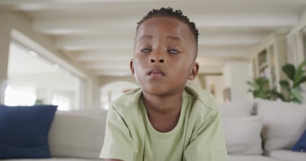 Rapaz Afro Americano Feliz Fazer Videochamadas Casa Câmara Lenta Estilo — Vídeo de Stock