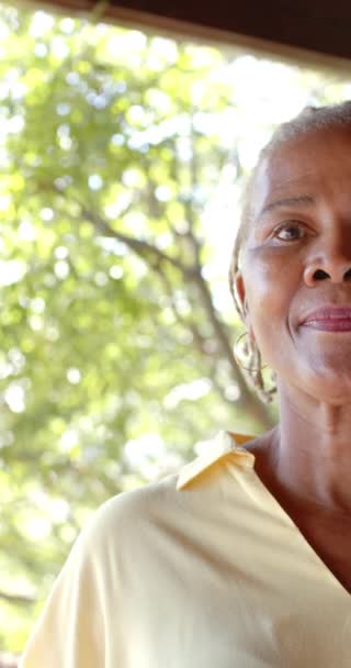 Вертикальное Видео Полупортрета Счастливой Пожилой Африканской Женщины Солнечной Природе Замедленная — стоковое видео