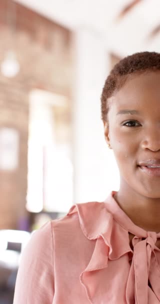 Vertical Video Portrait Happy African American Casual Businesswoman Office Slow — kuvapankkivideo