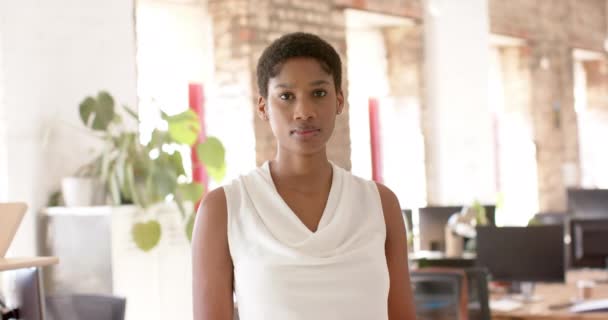 Portrait Happy African American Casual Businesswoman Creative Office Slow Motion — Vídeo de Stock