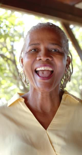 Vertikal Video Portrett Lykkelig Amerikansk Kvinne Solskinn Sakte Film Seniorlivsstil – stockvideo