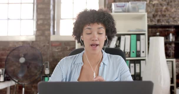 Happy Biracial Casual Businesswoman Having Laptop Video Call Office Slow — стоковое видео