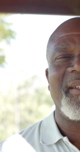 Pionowe Nagranie Portretu Szczęśliwego Starszego Afrykańskiego Mężczyzny Słonecznej Naturze Zwolnionym — Wideo stockowe