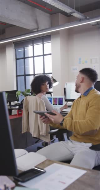 Vertical Video Diverse Male Female Colleague Office Looking Tablet Talking — Stock Video