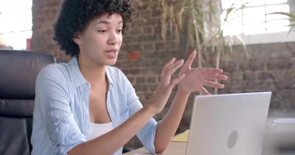 Focused Biracial Casual Businesswoman Having Laptop Video Call Office Slow — Video