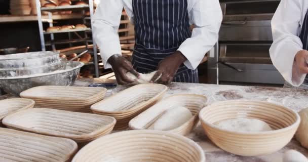 Fırın Mutfağında Çalışan Çeşitli Fırıncıların Orta Kesimi Ekmek Biçimi Hamuru — Stok video