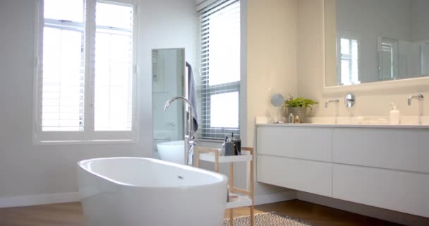 关闭阳光灿烂的白色浴室与独立的浴缸 缓慢的运动 生活方式 室内设计和家庭生活 — 图库视频影像