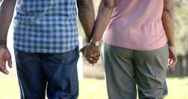 Kıdemli Afro-Amerikan çiftin elini tutarak güneşli doğada ağır çekimde yürüyorlar. Kıdemli yaşam tarzı, rahatlatıcı, doğada refah ve emeklilik, değişmeden..