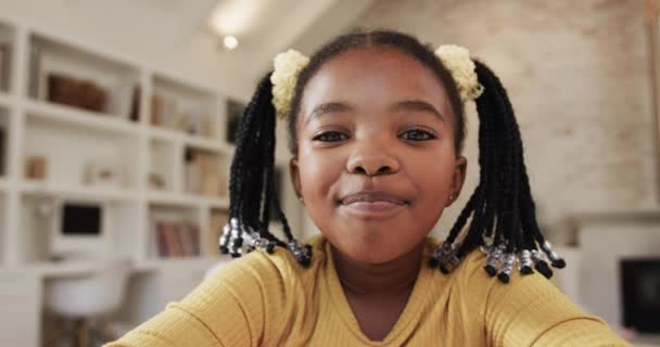 Happy African American Girl Making Video Call Home Slow Motion — Vídeo de Stock