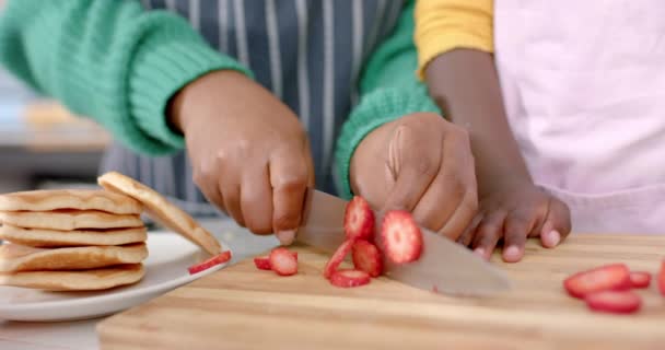 Afro Amerikan Anne Kızının Elleri Mutfakta Meyve Doğruyor Ağır Çekimde — Stok video