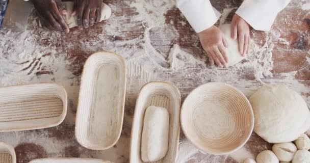 パンの形生地を形成し パンの台所で働く多様なパン屋の中央部 スローモーション チームワーク 食べ物 小規模ビジネス ベーキング パン屋 変更なし — ストック動画