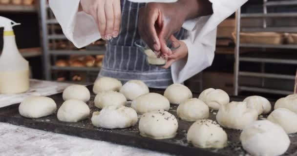 在面包店厨房里工作的各种面包师 缓慢地将罂粟种子撒在面包卷上 协同工作 小企业 烘焙和工作 未加改动 — 图库视频影像