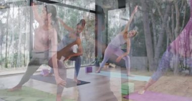 Çeşitli kadın eğitmenleri, stüdyoda yoga yapan kadınlara yardımcı oluyor. Değiştirilmemiş, yoga, egzersiz, fitness, sağlıklı yaşam tarzı, portre, mutluluk, şarkı söyleme kabı, tıpa.