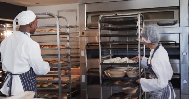 Happy Beragam Pembuat Roti Dapur Toko Roti Menyiapkan Gulungan Dalam — Stok Video