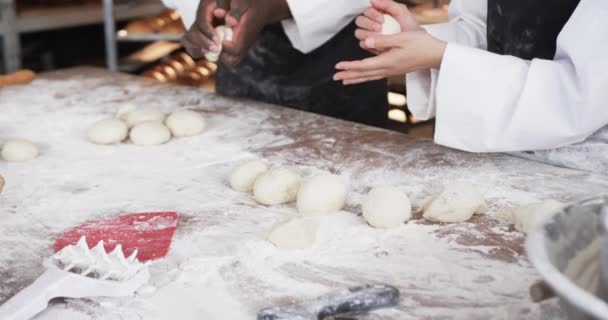 Happy Diverse Bakers Working Bakery Kitchen Making Rolls Dough Slow — Stock Video