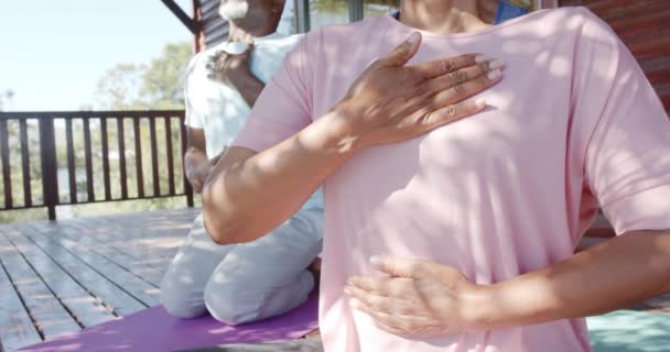 Fokusert Afroamerikansk Par Som Øver Yoga Matter Solterrasse Sakte Film – stockvideo