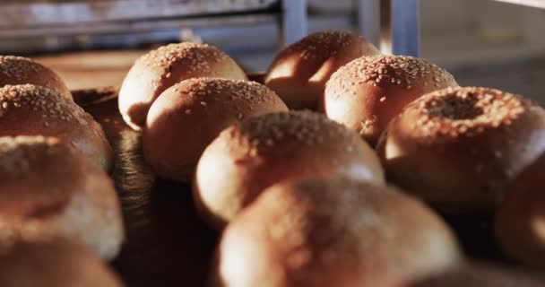 Крупним Планом Свіжі Рулони Поспіль Маковим Насінням Повільному Русі Їжа — стокове відео