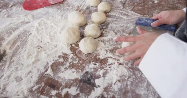 Asian Female Baker Working Bakery Kitchen Making Rolls Dough Slow — Stock Video