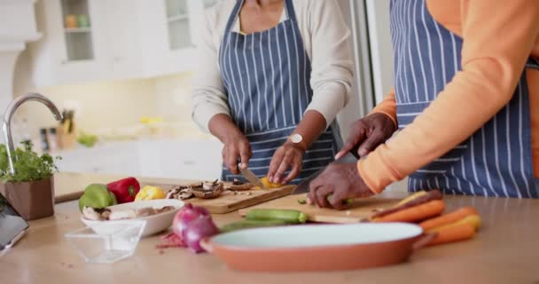 台所で食事を準備エプロンで幸せなアフリカ系アメリカ人のシニアカップル スローモーション 家庭生活 一緒に 健康的な生活や高齢者のライフスタイル 変更なし — ストック動画