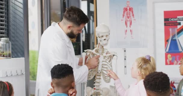 在生物课上 不同的男教师和快乐的学童在学习骨骼 包容性 小学教育和学习概念 — 图库视频影像