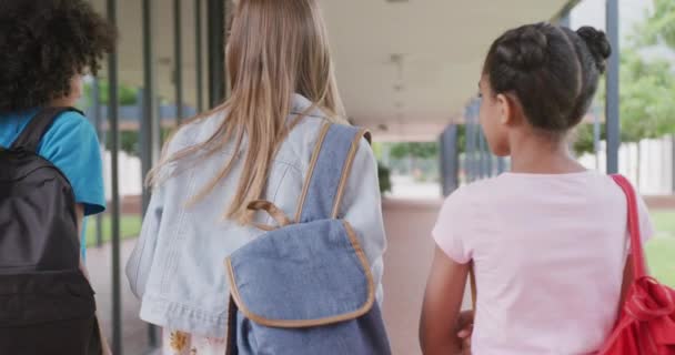 Відео Вигляду Ззаду Трьох Різноманітних Школярки Ходять Шкільному Коридорі Розмовляють — стокове відео