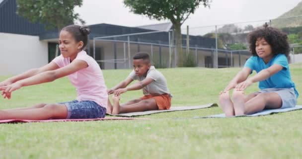Video Van Diverse Schoolmeisjes Schooljongen Oefenen Yoga Stretching Outdoor Klasse — Stockvideo