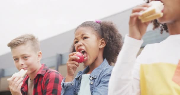 Wideo Trójką Szczęśliwych Uczniów Jedzących Zapakowane Obiady Siedzących Szkolnym Podwórku — Wideo stockowe