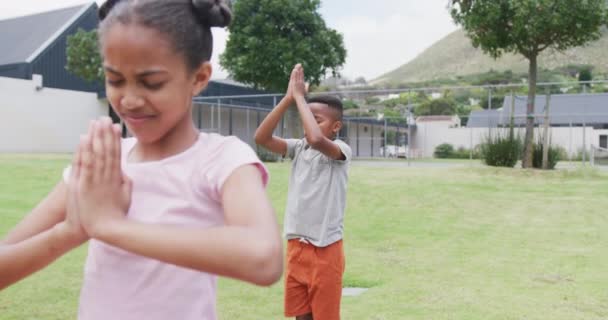 Відео Різноманітної Школярки Школярки Які Практикують Медитацію Йоги Відкритому Повітрі — стокове відео