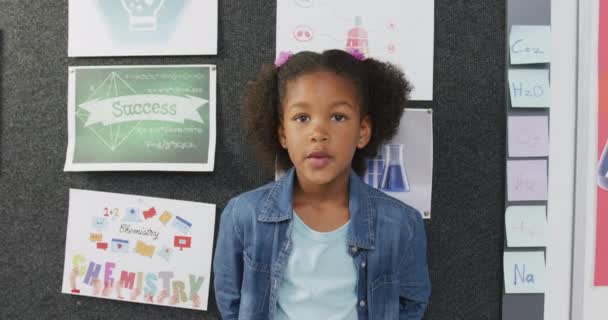 Video Portrett Lykkelig Skolejente Smilende Skoleklasserommet Utdanning Barndom Tilhørighet Grunnskole – stockvideo