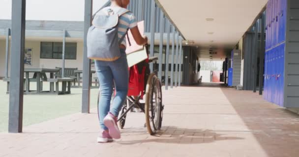 Video Zadní Pohled Porodní Školačku Tlačící Invalidní Vozík Školní Chodbě — Stock video