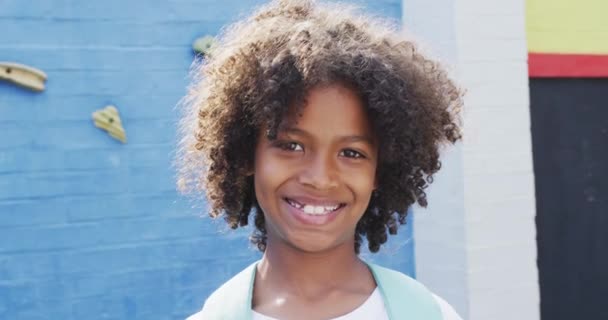 Portrett Lykkelig Afrikansk Amerikansk Skolejente Med Klatrevegg Bakgrunnen Utdanning Utdannelse – stockvideo